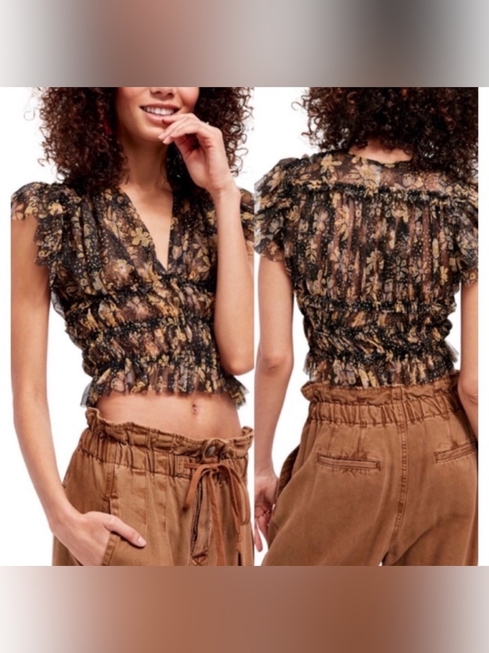 Free People Sheer Floral Smocked Crop Top in Black and Brown